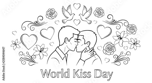 Foto Gay Couple Kissing, World Kiss Day Heart, Dove, Flower Outline Illustration