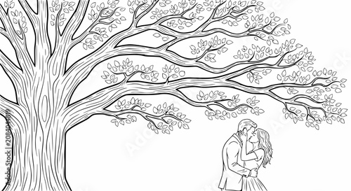 Cuadro en lienzo Couple kissing beneath a large, detailed tree with sprawling branches and leaves, black and white illustration