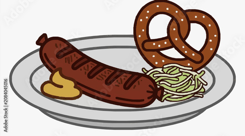Freshly baked pretzel with mustard on white plate.