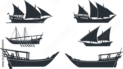 Canvastavla Old Vintage Ship Silhouette Icon Set with Ancient Sailing Vessels and Wooden Pir