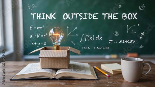 Light bulb in open box on stack of books with think outside box chalk drawing on blackboard.