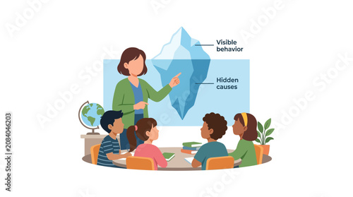 Flat vector illustration of a faceless teacher explaining the iceberg theory of behavior to a group of diverse children in a classroom with a globe and desk on white background.