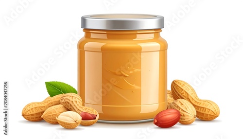 A jar of smooth, golden-brown spread with a silver lid, surrounded by whole peanuts and a single green leaf