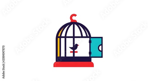 Minimalist birdcage icon with open door and bird silhouette