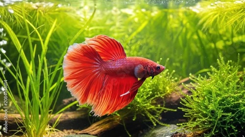 Bright red betta fish swimming through a lush freshwater aquarium with vibrant aquatic plants, showcasing graceful movement, vivid colors, and a peaceful underwater environment