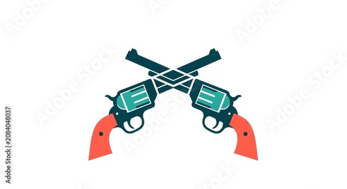 Crossed vintage revolvers icon with red handles on white background