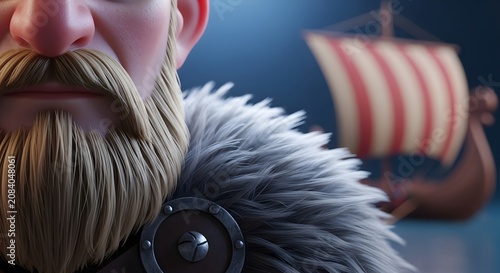 Close-up of Viking Warrior with Longship in the Background