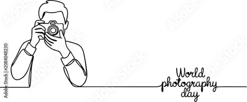Fotografía Continuous line drawing of photographer with camera world photography day concep