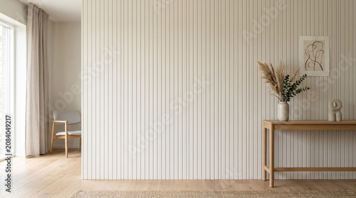 Intérieur moderne minimaliste avec un mur à lattes en bois clair et une décoration élégante.