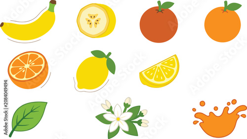 Photos Fresh citrus fruit collection featuring banana oranges lemon slices leaves bloss