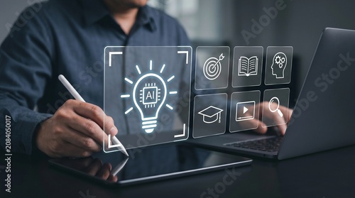 AI Powered Smart Education Technology with Interactive Learning Icons. Digital Knowledge Tools on Tablet for Personalized Study and Training