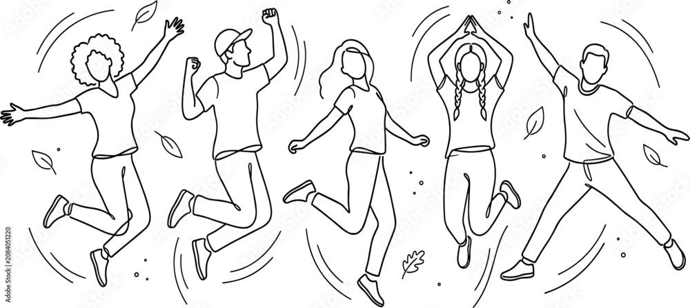 Fototapeta premium Continuous line art of happy young diverse people jumping together celebrating success and freedom vector illustration