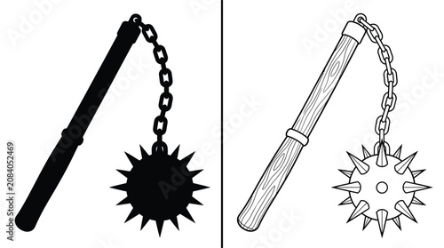 Photography Mace Morning Star Weapon with Spike-Covered Ball and Sturdy Wooden Handle in Min