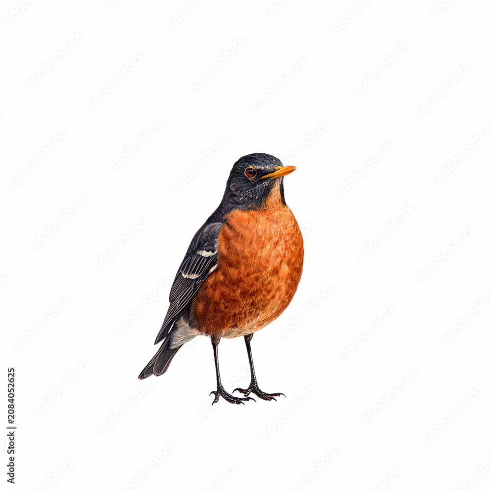 Fototapeta premium american robin, robin, bird, wildlife, illustration, realistic, isolated, white background, orange breast, songbird, plumage, feather, realistic illustration, detailed, profile, standing, wild, avian,