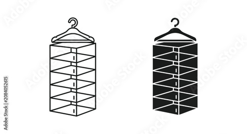 Black and white hanging closet organizer with shelves