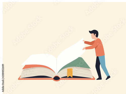 Young Man Turning a Page of a Giant Book Representing Education, Knowledge, and Storytelling Concept