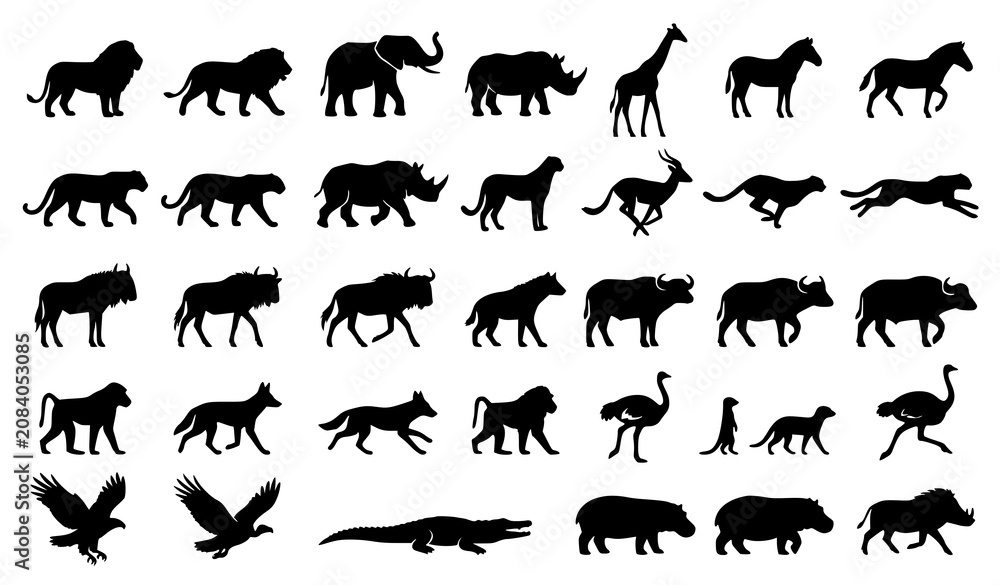 Fototapeta premium africa, wildlife, silhouette, safari, lion, elephant, giraffe, zebra, cheetah, leopard, rhino, buffalo, hippo, gazelle, vulture, ostrich, crocodile, conservation, nature, animal, vector, black, isolat