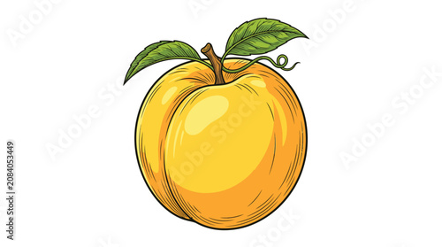 Tableau sur toile Yellow Peach Fruit with Green Leaves.