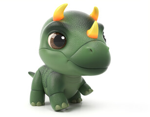 Green dinosaur toy with orange horns standing on white surface looking right