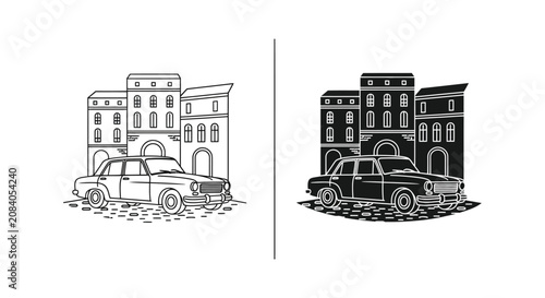 Vintage car parked in front of old buildings