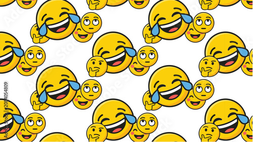 Emoji pattern vector with alternating laughing tears face and thinking face in playful seamless grid design