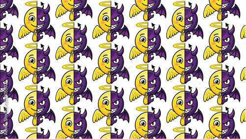 Angel and devil emoji pattern vector with repeating split faces, halo and horn contrast, playful good vs evil design