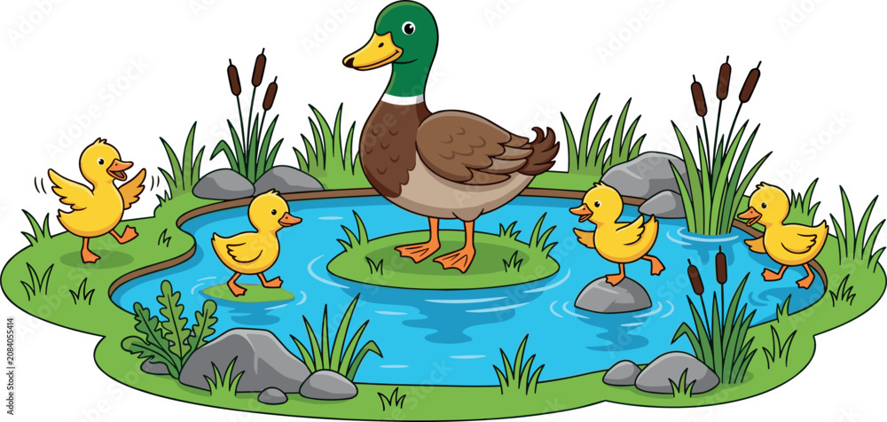 Obraz premium Cute Duck Family with Little Yellow Ducklings Swimming in a Pond Cartoon Illustration Vector Background for Children Books and Educational Graphics