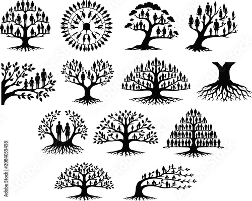 Εκτύπωση καμβά Family Tree Genealogy Ancestry Multiple Generation People Branch Silhouettes Vec
