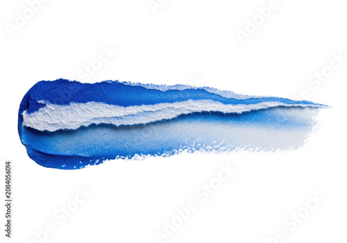 Abstract macro of a horizontal cobalt blue streak showing ragged fibrous torn paper texture blending with soft, bleeding watercolor wash on crisp white copy space. Concept of sophisticated organic