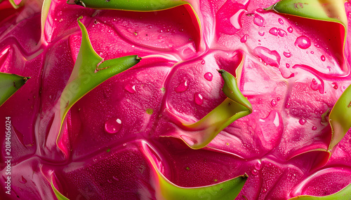 close up texture of vibrant pink dragon fruit skin background with water drops