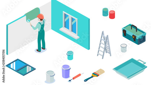 Painting, decorating, and renovation tools, colorful isometric icons set, house painting equipment, DIY home improvement