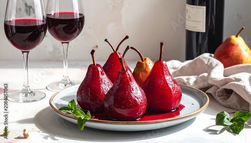A gourmet still life showcases poached pears, dyed ruby-red, on a plate, paired with two wine glasses and a bottle