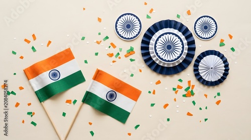 Indian independence day celebration with flags and paper decorations