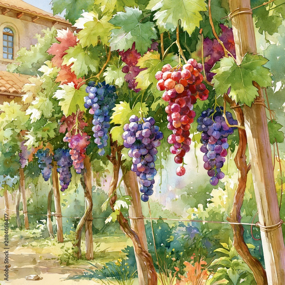 Obraz premium Ripe grapes hanging in a watercolor vineyard. Ripe grapes hanging from lush green vines in a vibrant watercolor illustration