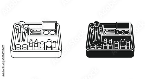 Makeup brushes and cosmetic tools in organizers
