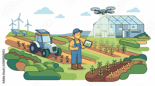 Farmer using tablet and drone on a modern farm