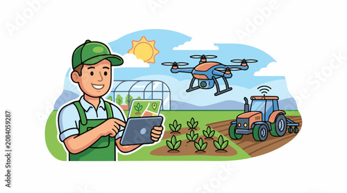 Farmer using tablet drone and tractor for modern agriculture