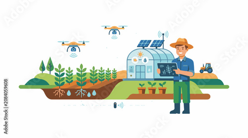 Farmer using tablet drones and greenhouse in smart farm