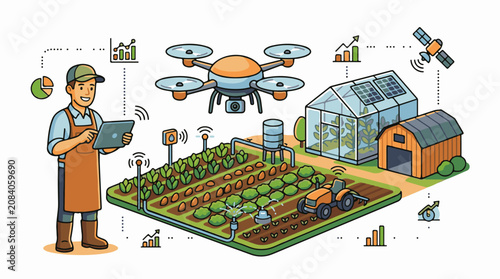 Farmer using tablet in smart farm with drone tractor greenhouse and satellite