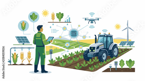 Farmer using tablet on smart farm with drone tractor solar panels