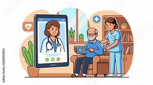 Elderly man receives virtual medical consultation from doctor
