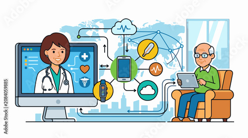Elderly man uses tablet for remote doctor consultation via digital network