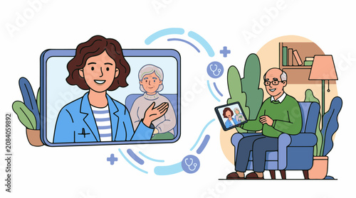 Elderly man video calls doctor and patient receiving care remotely