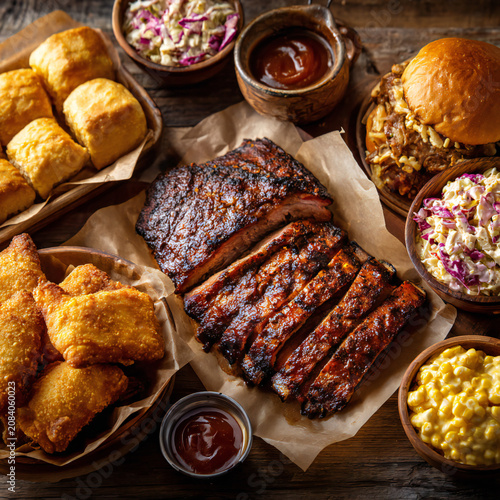 Texas barbecue with source and burgers, American foods 
