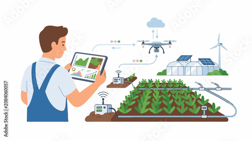 Farmer using tablet to control smart farm technology drones and irrigation