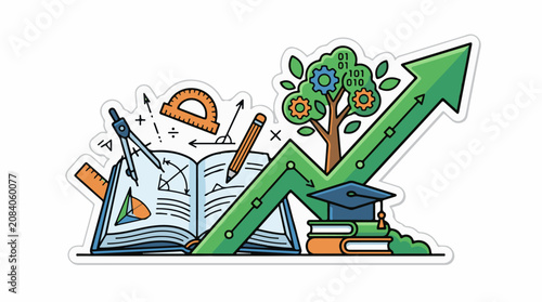 Education symbols grow with a rising arrow and binary code tree