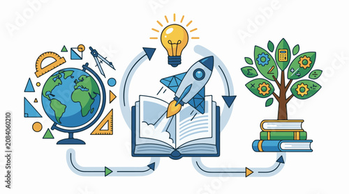 Educational concept of learning rocket launch light bulb and knowledge tree