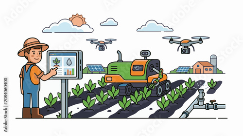 Farmer using tablet with drone and robotic tractor in smart farm