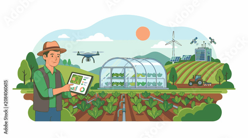 Farmer using tablet with drone greenhouse and smart farm technology