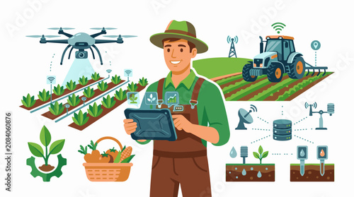 Farmer using tablet with drone tractor and smart farm tech